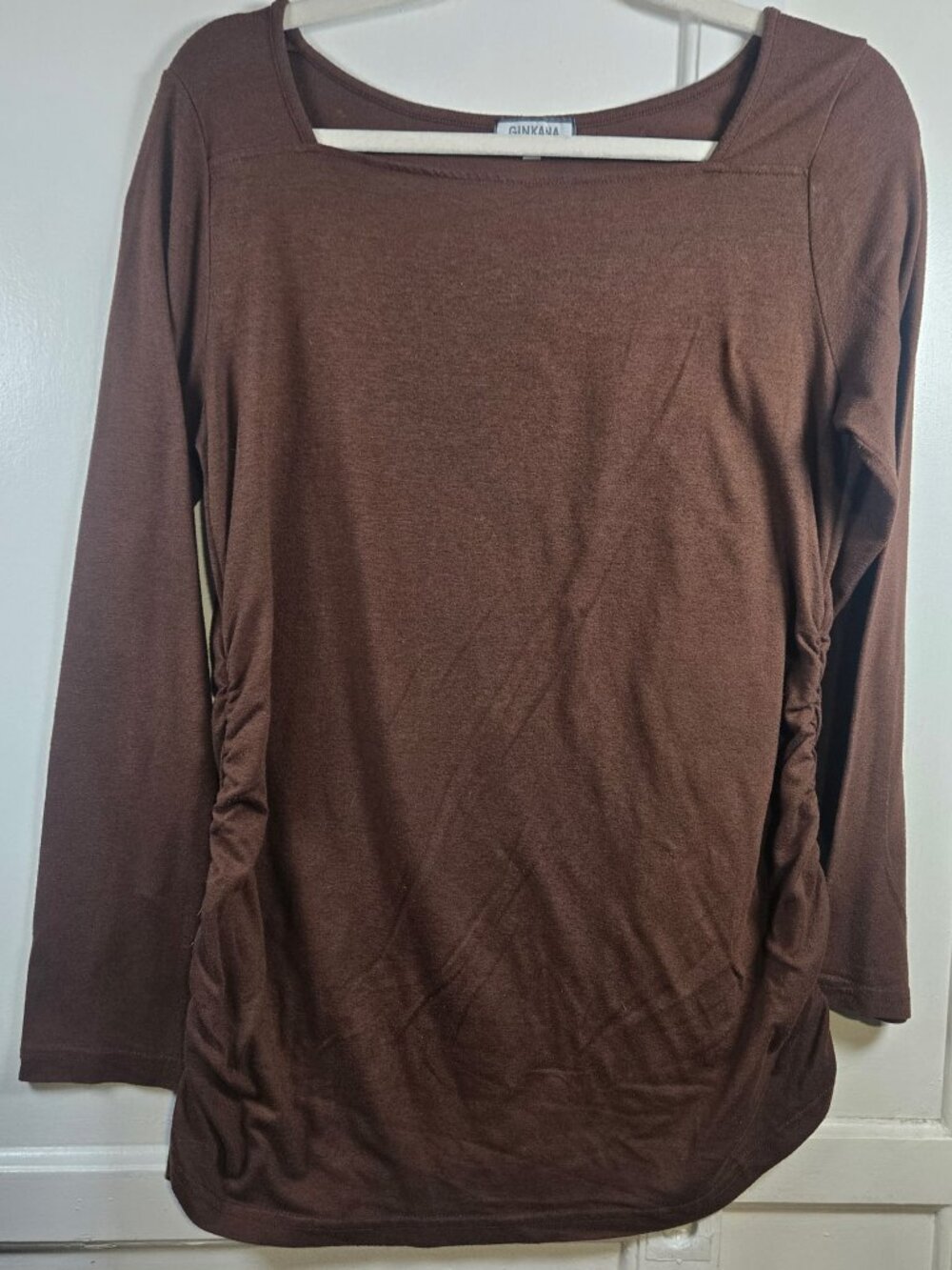 Ginkana Women’s XL Brown Ruched Side Long Sleeve Square Neck Stretch Tunic Top